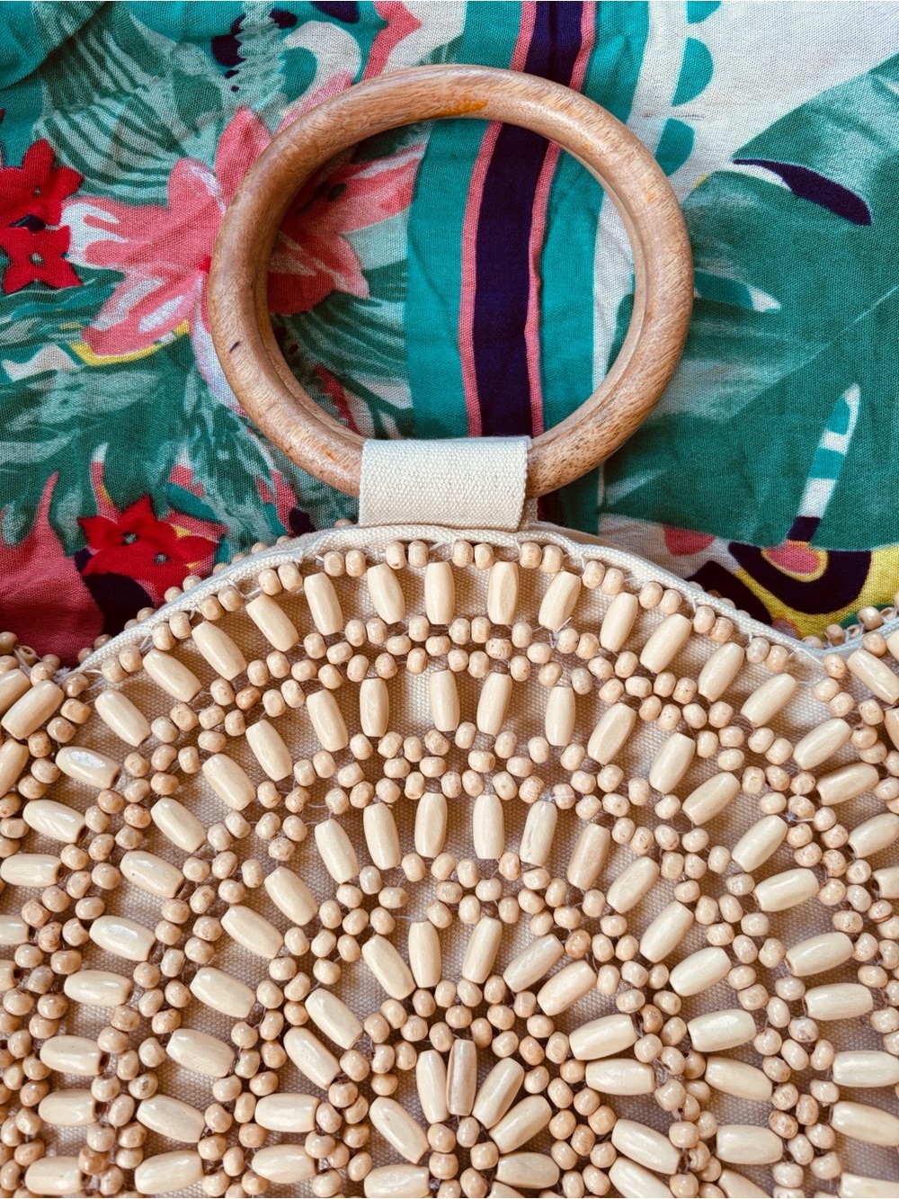 Handmade Natural Wooden Beaded Round Handbag Snap Close Cotton Lined Tote Purse - Picture 3 of 15